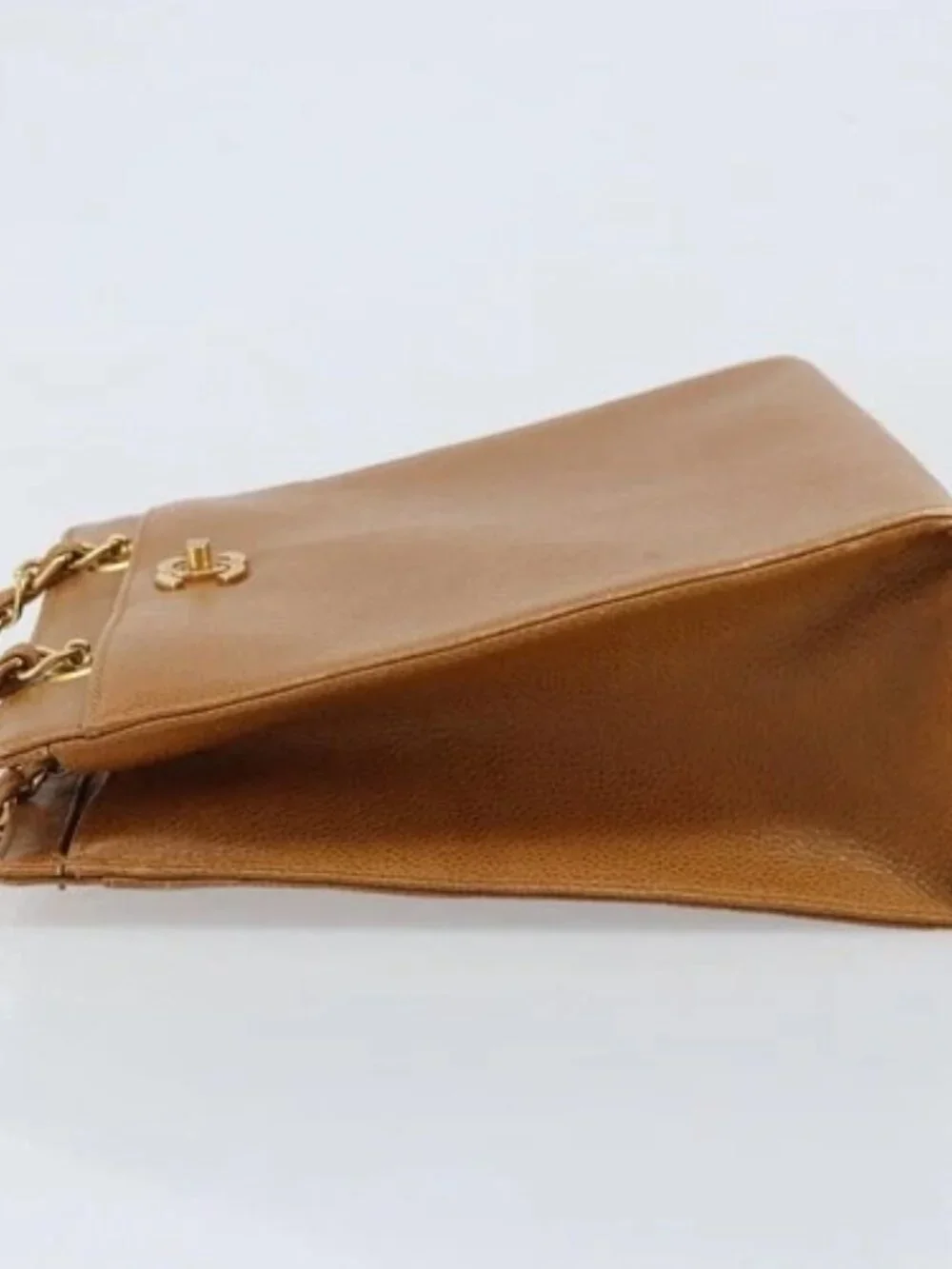 CHANEL Chain Tote Bag Grained Calf Skin Gold Brown CC Auth gh1738